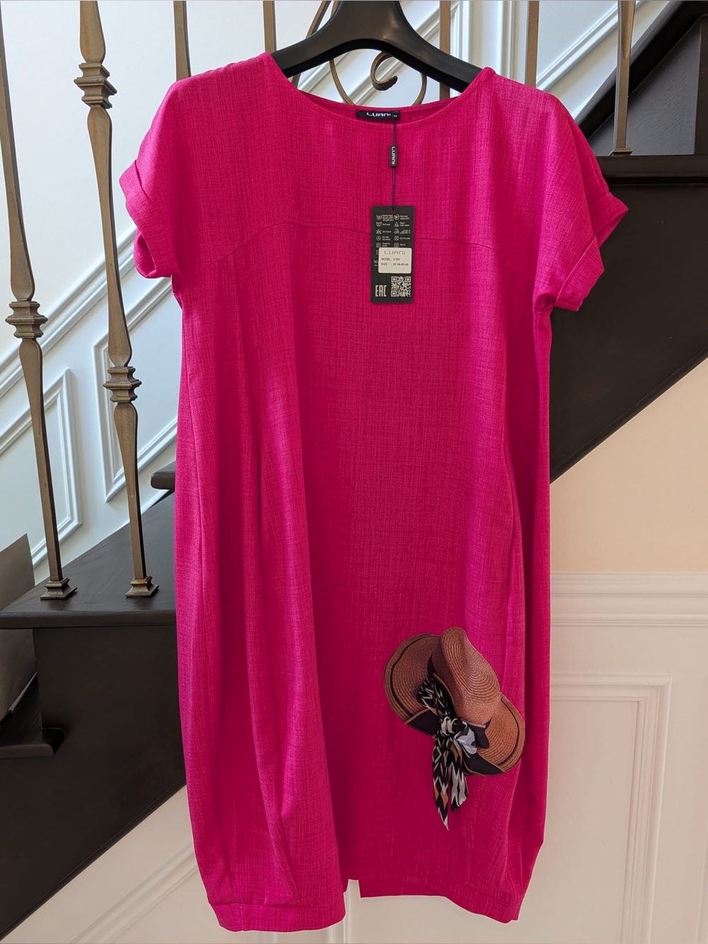 Bright Pink Women's Shift Dress with Hat Motif